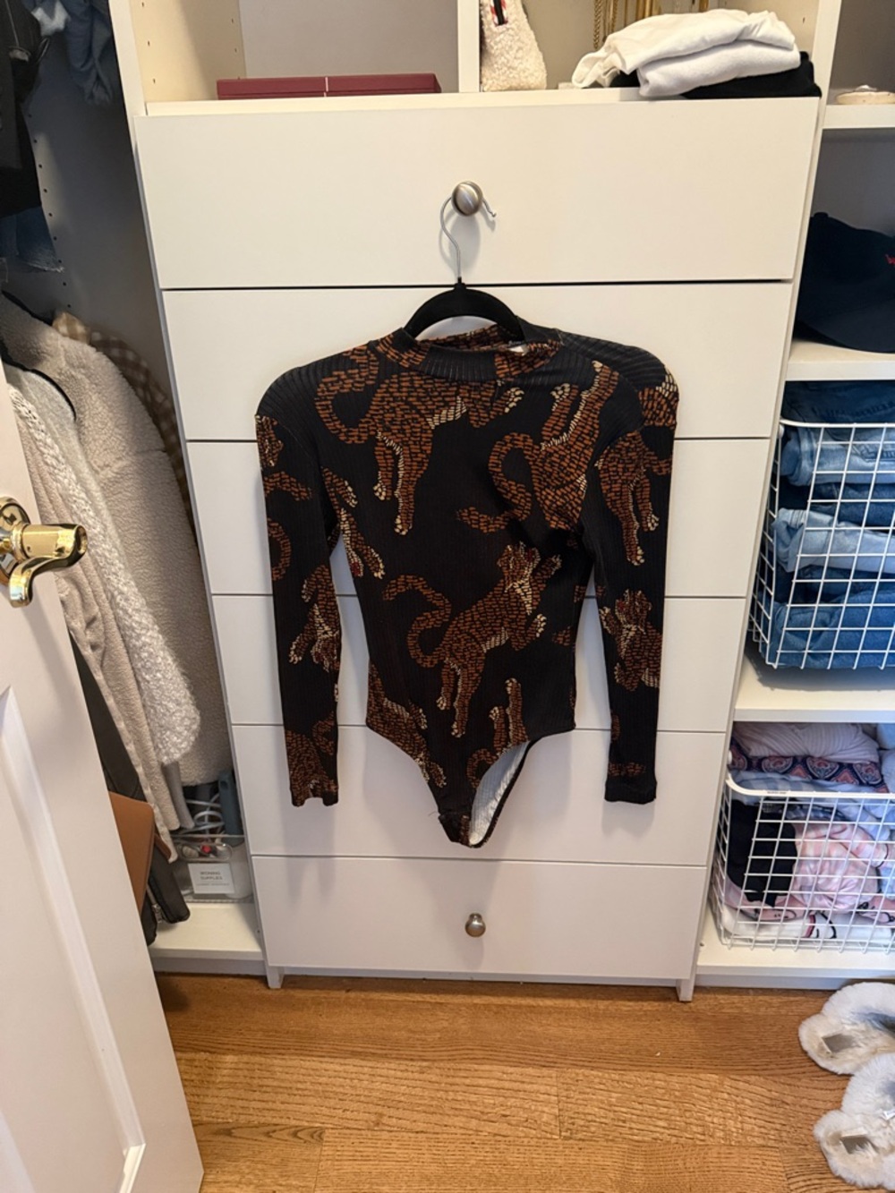 FARM Rio Black Bodysuit with Leopard Print
